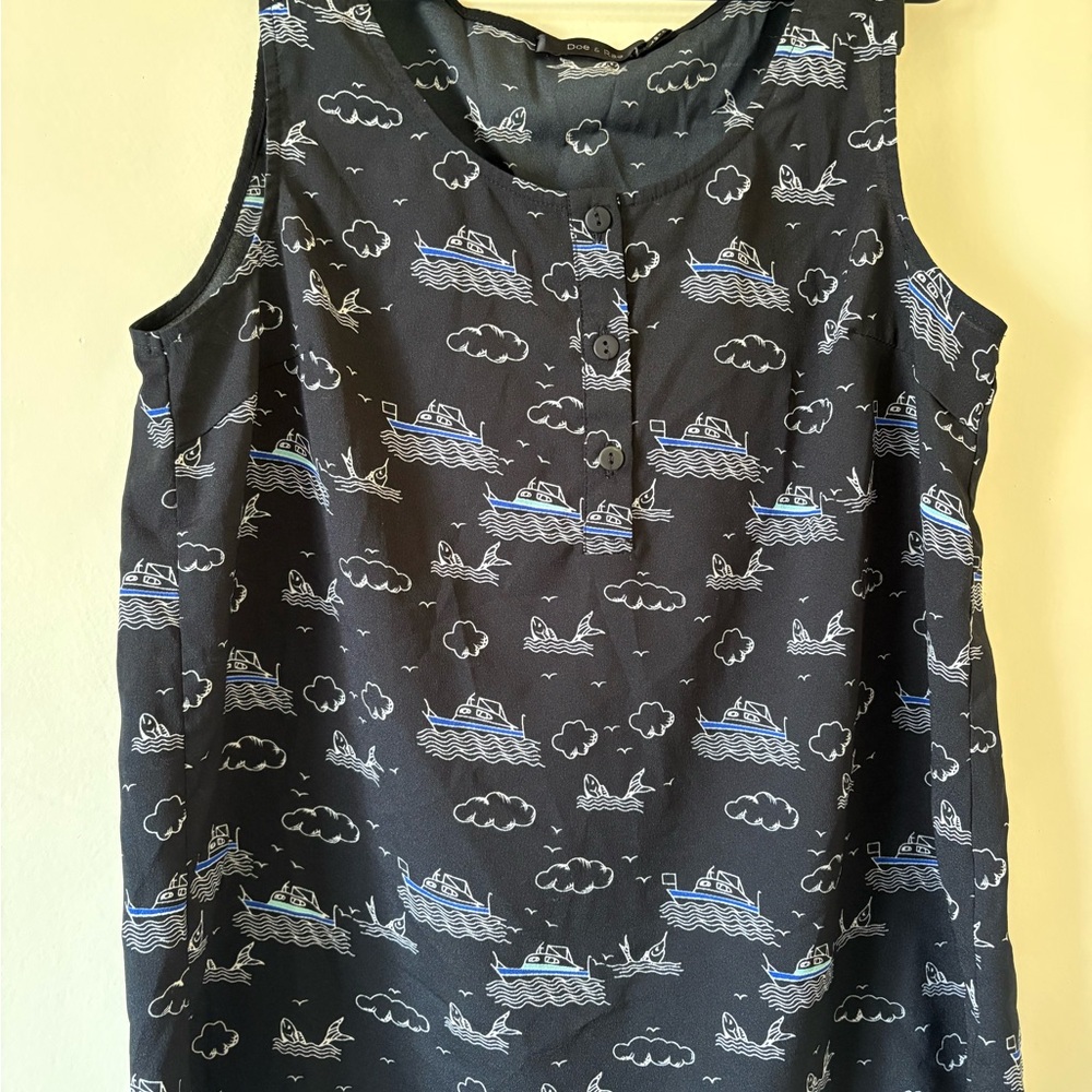 Doe & Rae Black Tank Top with Blue and White Boat Print